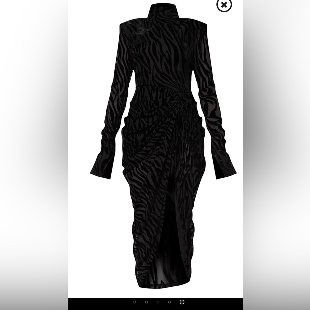 Black zebra devore high neck draped midi dress